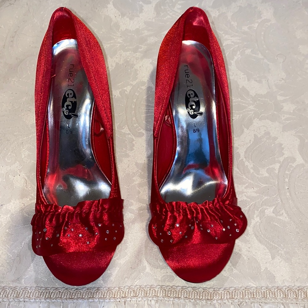 Rue 21 Red Satin heels with a ruffle and rhinestone accent